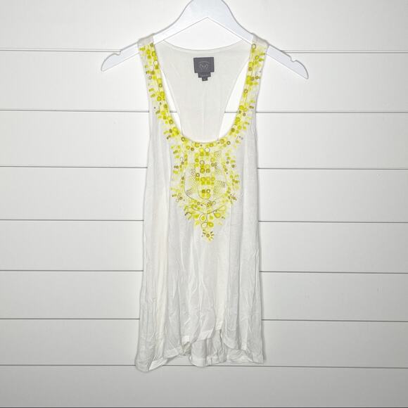 Anthropologie Tops - Vanessa Virginia Devi Embroidered Racerback Tank Top White Yellow Size Small